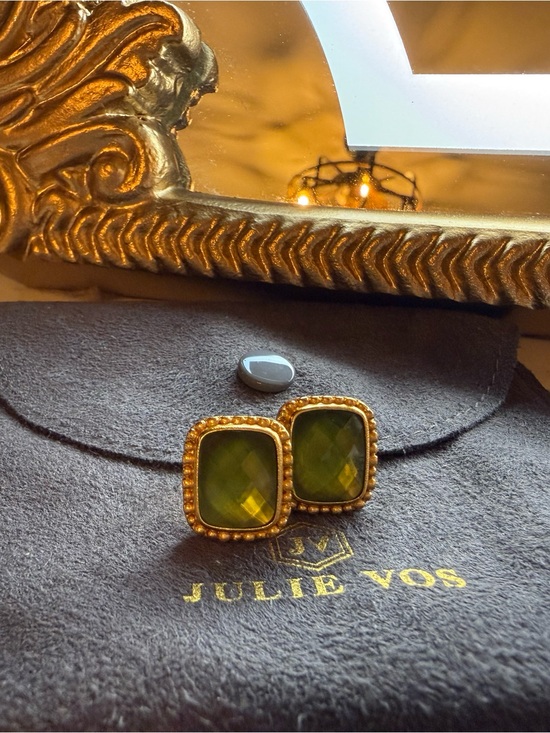 Julie Vos Jewelry - Julie Vos Olive Green Faceted Glass Gold Beaded Square Stud Earrings
